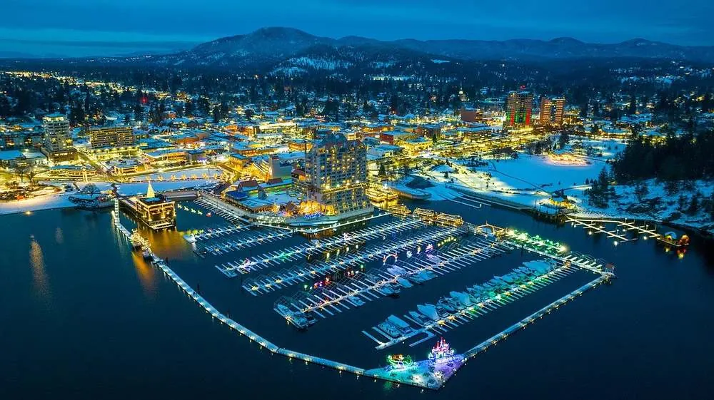 Coeur d'Alene downtown winter holiday lights aerial view