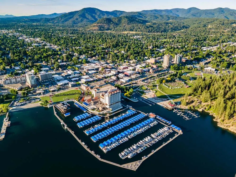 Aerial view of Coeur d'Alene Idaho downtown and marina
